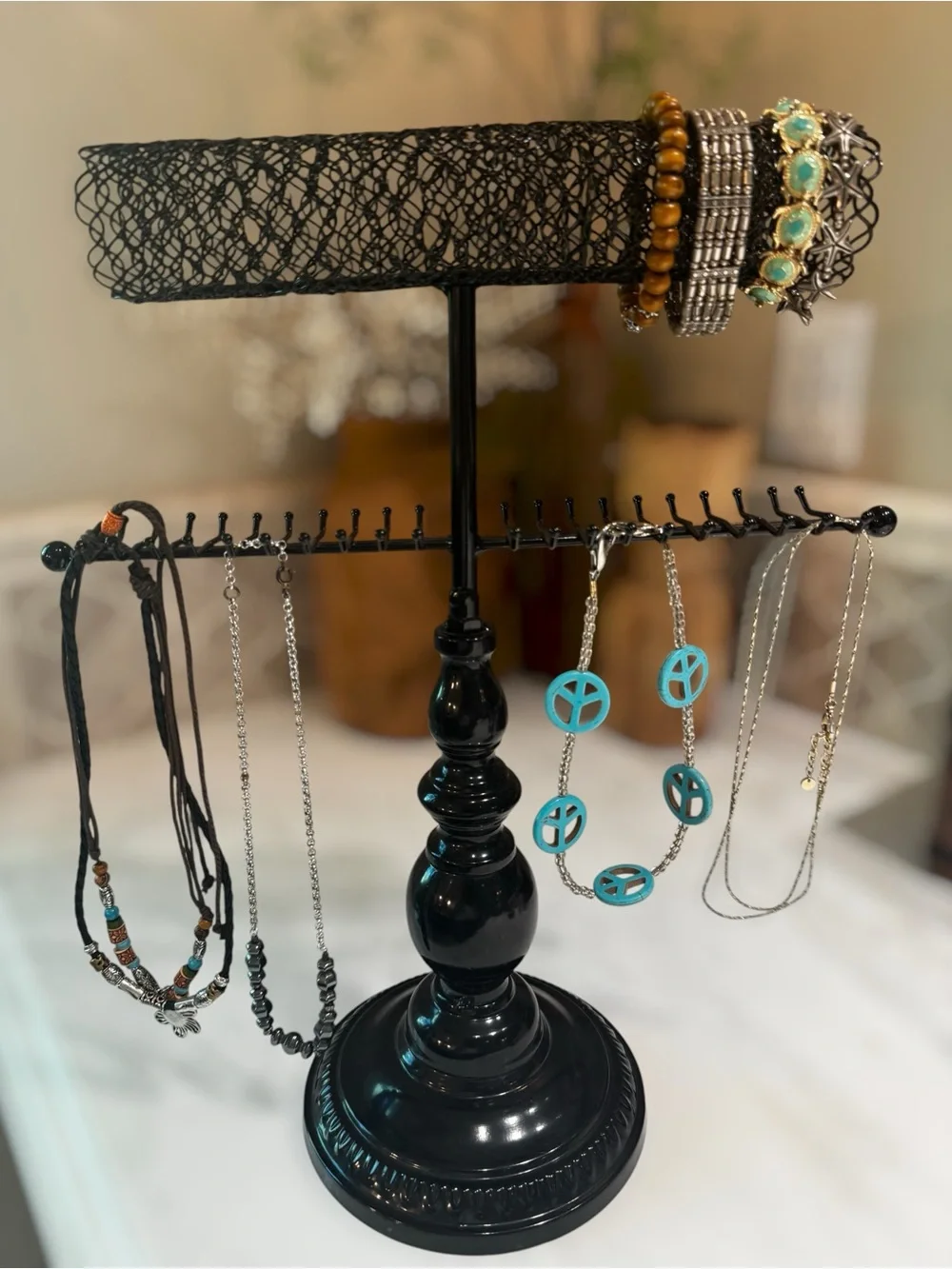 Two Tiered Vintage Style Black Metal Jewelry Stand with Multi-Arm Hooks - Picture 4 of 8
